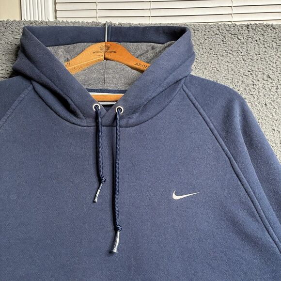 Vtg Nike Hoodie Mens L Navy Blue Y2K Swoosh Embroidered Sweatshirt Silver Tag - Picture 1 of 14